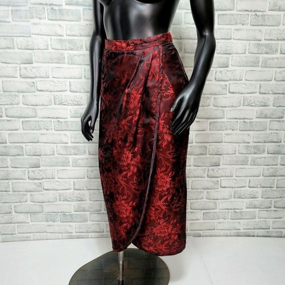 Vintage Oriental Silk Floral Embroidered Faux Wrap High Waisted Wiggle Skirt - Picture 3 of 7